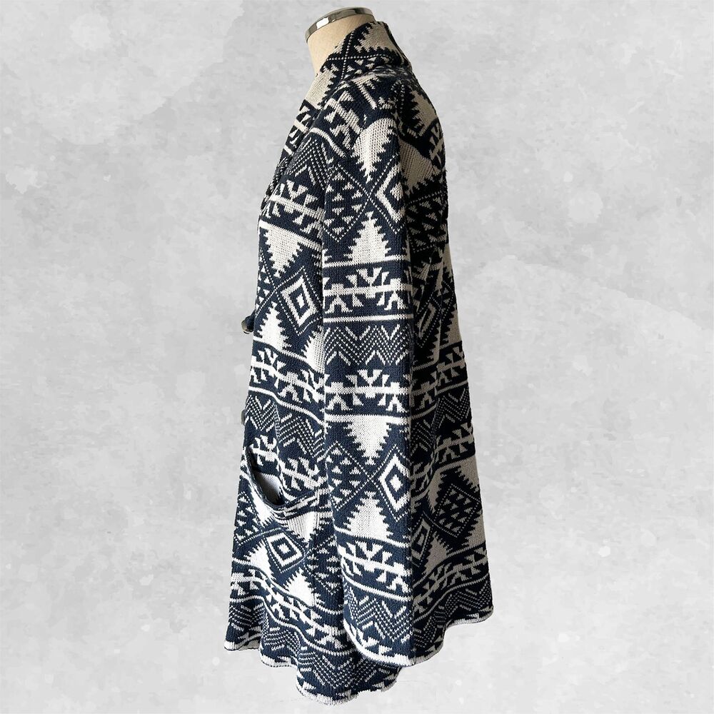 Chaps Cardigan Sweater Women's L Navy Blue Ivory Shawl Collar Toggle Southwest - Picture 5 of 8